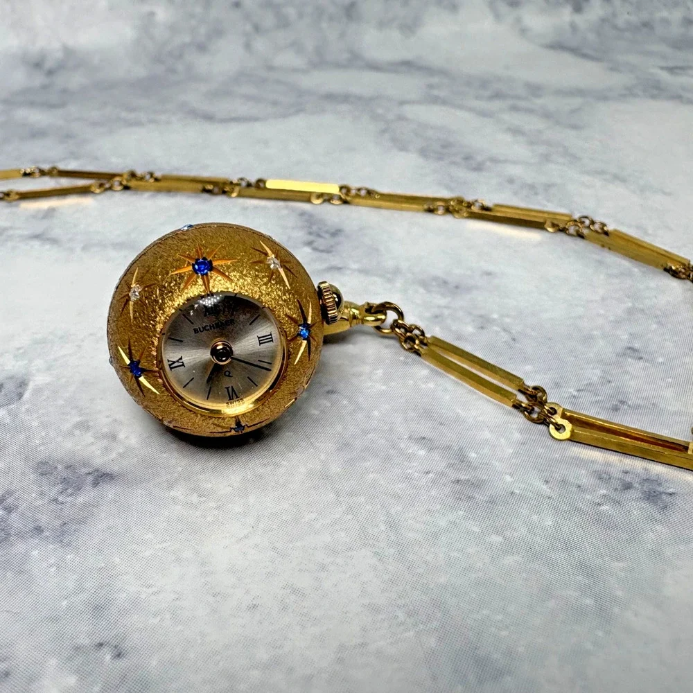 Bucherer Swiss Orb Globe Pendant Watch Faux Jewel Encrusted Celestial Gold Tone